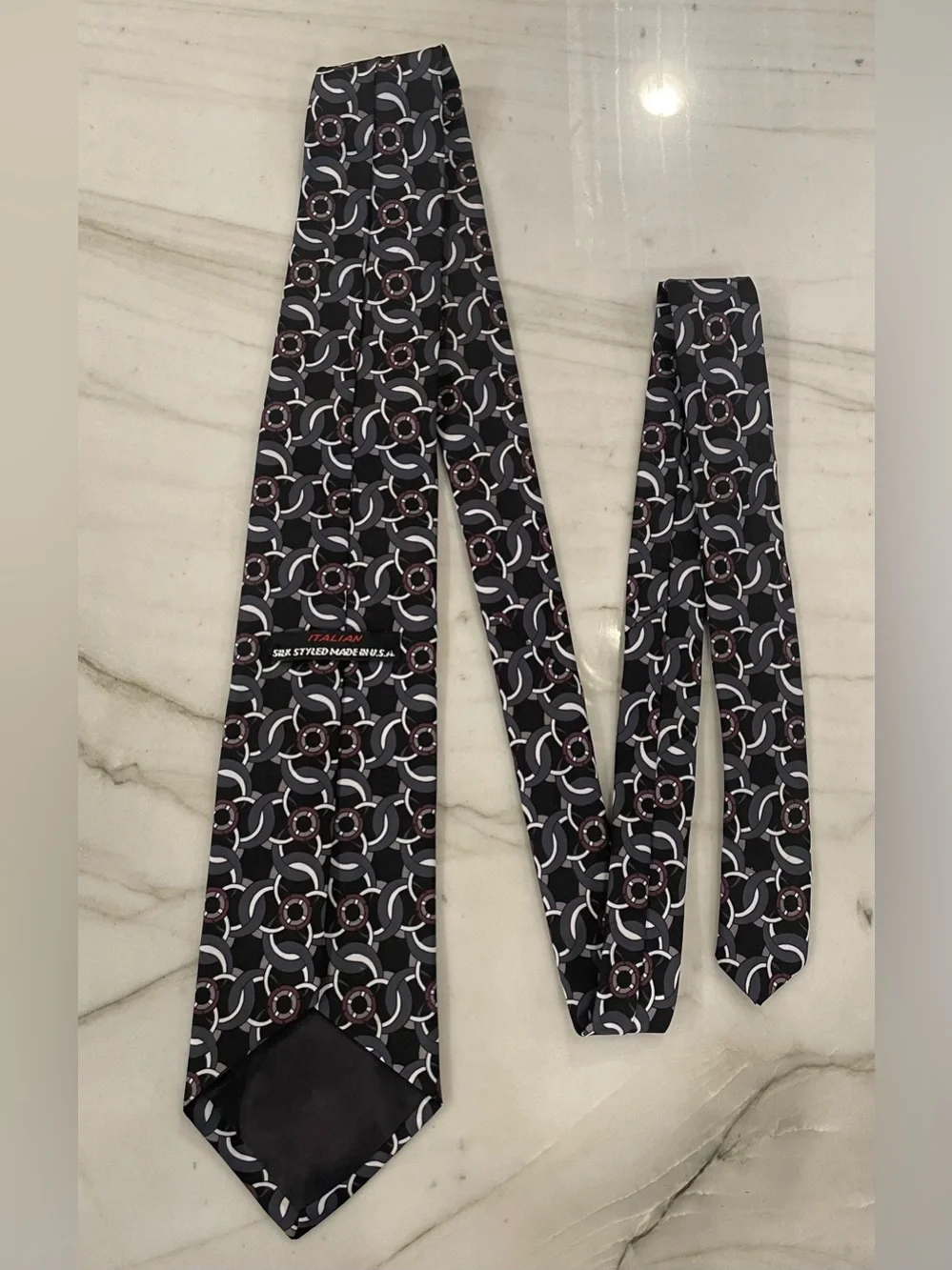 Italian Silk Geometric Necktie Black Gray Burgundy Made in USA